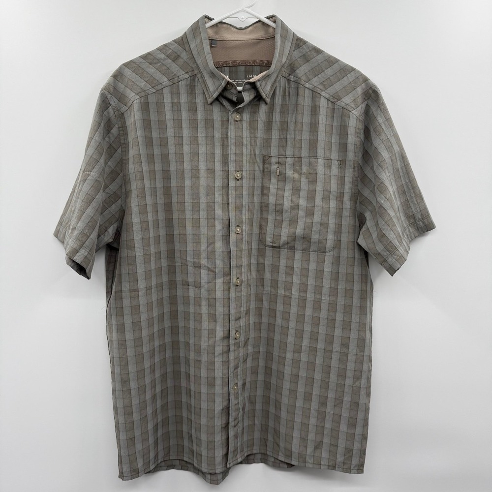 Under Armour Mens Large Gray Plaid Short Sleeve Button Up  Fishing Shirt